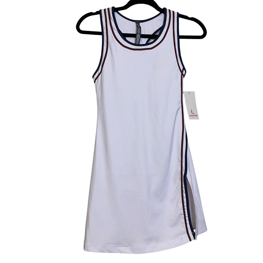 Leapstride Womens White Tennis Dress Racerback Side Slit Navy Burgundy Trim XS